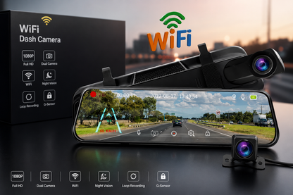 Voltzone 10" Dual Lens Mirror Dash Camera | Full HD Recording | Rear View Camera | Night Vision | Parking Monitor