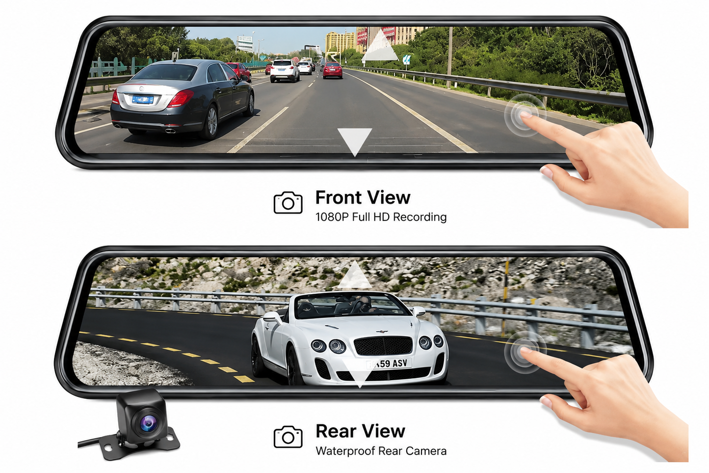 Voltzone 10" Dual Lens Mirror Dash Camera | Full HD Recording | Rear View Camera | Night Vision | Parking Monitor