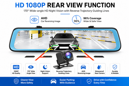 Voltzone 10" Dual Lens Mirror Dash Camera | Full HD Recording | Rear View Camera | Night Vision | Parking Monitor