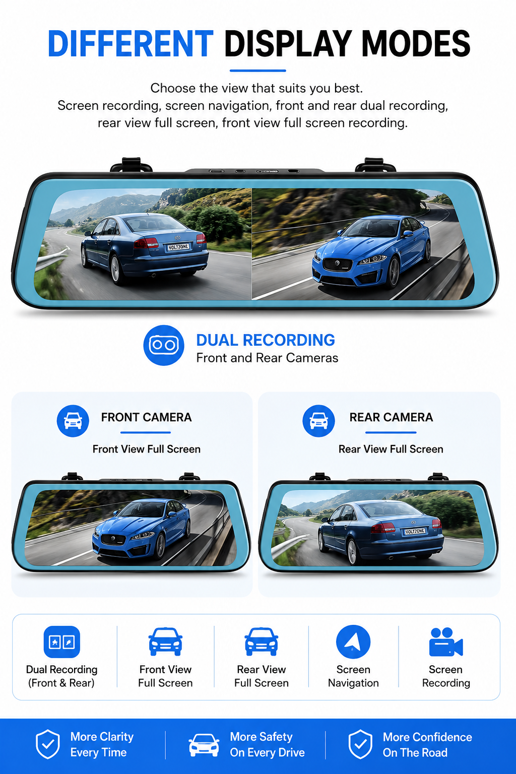 Voltzone 10" Dual Lens Mirror Dash Camera | Full HD Recording | Rear View Camera | Night Vision | Parking Monitor