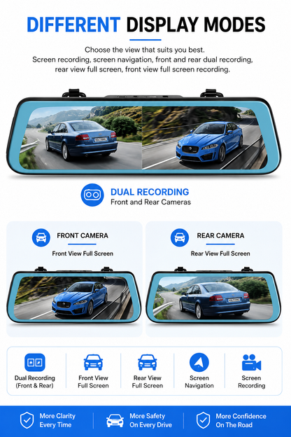Voltzone 10" Dual Lens Mirror Dash Camera | Full HD Recording | Rear View Camera | Night Vision | Parking Monitor